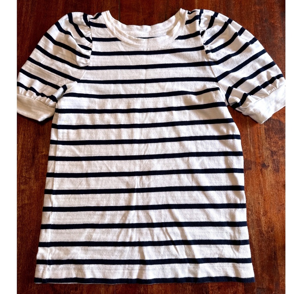 LOFT Striped Puff‎ Sleeve Top Womens XS White Navy Blue Excellent Short Sleeve